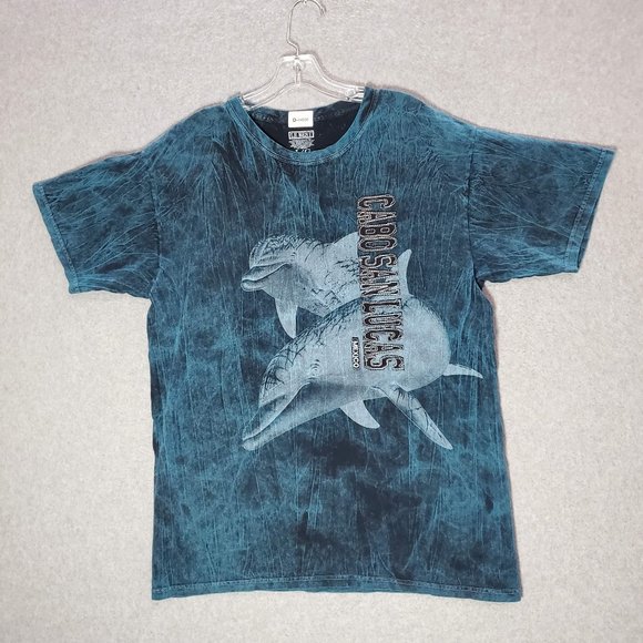 Dolphins Men Shirt Large Blue Acid Wash Cabo San Lucas‎ Mexico Patchwork Tee - Picture 1 of 6